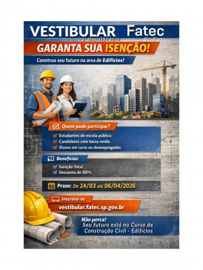 Fatec-SP abre inscrições para Vestibular 2º Semestre de 2026