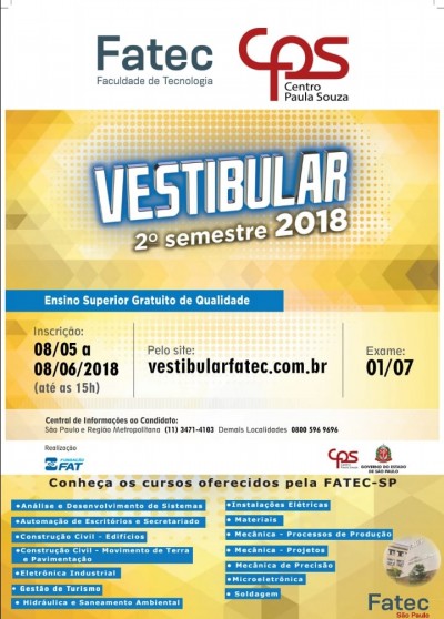 Vestibular Fatec: inscrições para o 2° semestre de 2018 encerram-se em 8 de junho