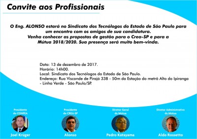 Convite: Eleições Crea-SP - encontro com o Engº Alonso - 13 de dezembro