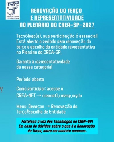 Aberto o período de Renovação do Terço e escolha de entidade representativa no Plenário do CREA-SP