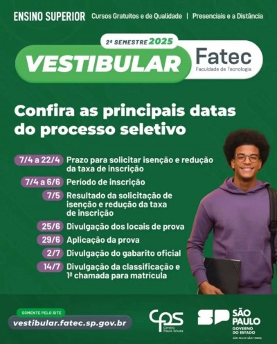 Vestibular da Fatec-SP tem inscrições abertas para o 2º semestre de 2025