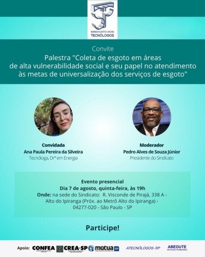 Sindicato promoverá palestra sobre coleta de esgoto em áreas de vulnerabilidade social. Participe!