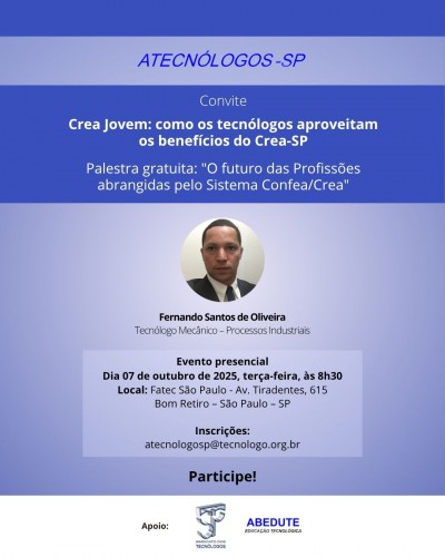 Convite: palestra gratuita sobre o futuro das profissões do Sistema Confea/Crea, dia 10 de outubro