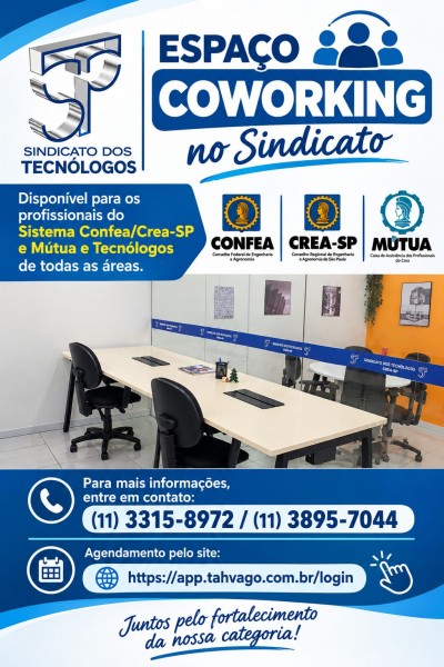 Espaço coworking disponível na sede do Sindicato. Saiba como fazer sua reserva